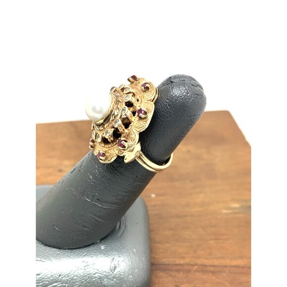 Pearl Ruby Diamond Women's Cocktail Ring 14k Yellow Gold Vintage Estate Size 5.5 - Picture 7 of 14
